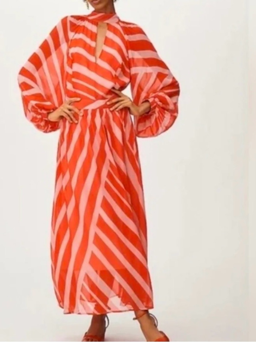 Maeve Anthropologie Chiffon Bishop Sleeve Maxi Dress Pink Coral Striped 10